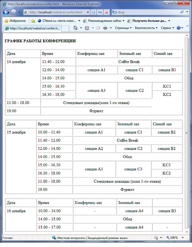 Вид веб-страницы confer.html в браузере