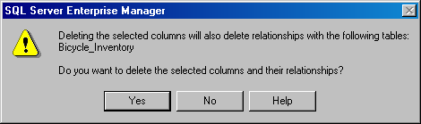 Окно сообщения, которое появляется при попытке удаления колонки, имеющей связи с другими колонками и таблицами