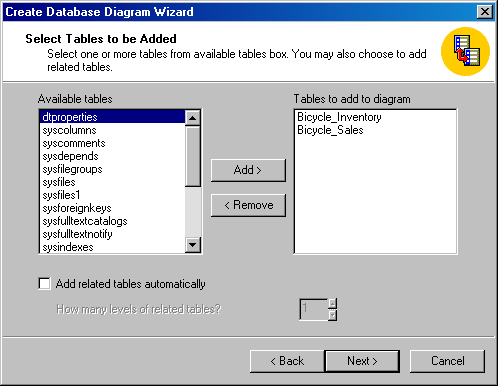 Окно Select Tables to be Added (Выбор таблиц для добавления)