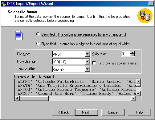 Окно Select file format (Выбор формата файла)