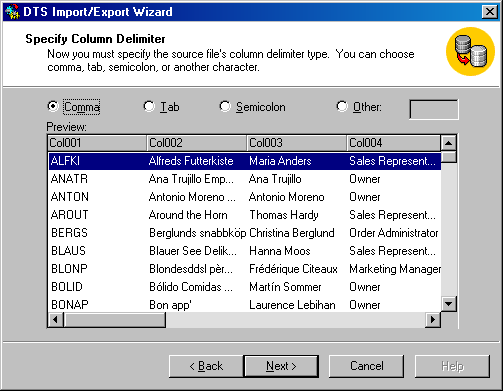 Окно Specify Column Delimiter (Указание ограничителя колонок)