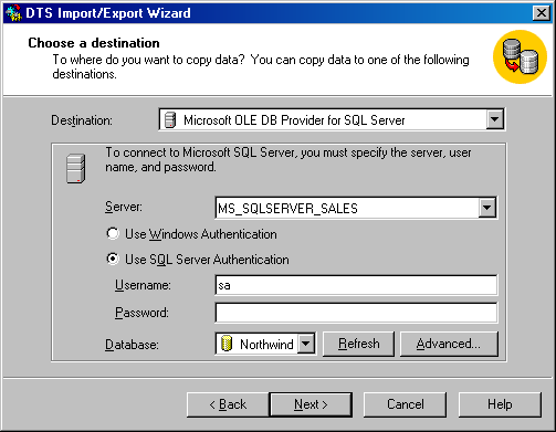 Окно Choose a Destination (Выбор получателя данных)