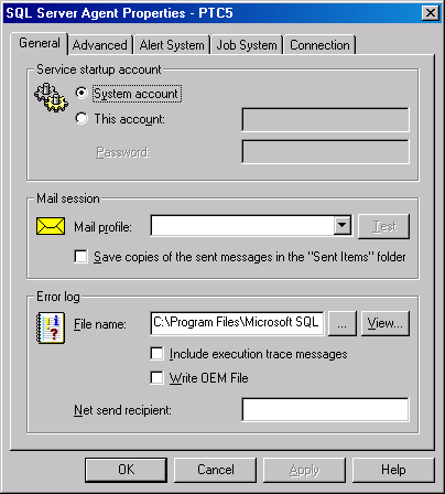 Окно SQL Server Agent Properties (Свойства агента SQL Server)