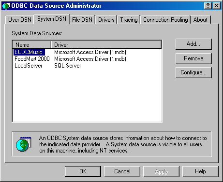  Вкладка System DSN диалогового окна ODBC Data Source Administrator