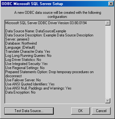  Диалоговое окно сводки ODBC Microsoft SQL Server Setup