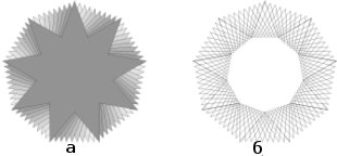 Десять пересекающихся девятилучевых звезд: а — в режиме Normal (Нормальный),б — в режиме Wireframe (Каркасный)