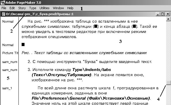 Структура окна текстового редактора: 1 - меню текстового режима; 2 - название окна; 3 - редактируемый текст; 4 - линейки прокрутки; 5 - имена стилей абзацев