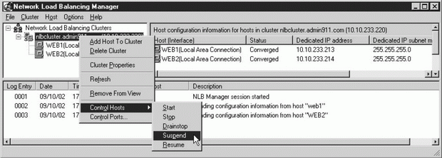 Меню Control Hosts позволяет вам управлять состоянием хостов кластера