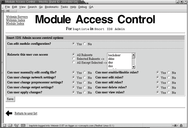 Управление доступом для модуля Webmin Snort