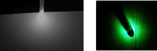 Фотография слева иллюстрирует характер распространения света в рассеивающей среде (матовое стекло); справа – фото обратно рассеянного от человеческой руки диффузно размытого пятна в сине-зеленом свете