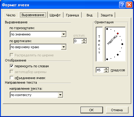 Установка ориентации содержимого ячейки во вкладке "Выравнивание" диалогового окна "Формат ячеек"