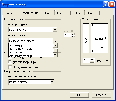 Установка вертикального выравнивания во вкладке "Выравнивание" диалогового окна "Формат ячеек"