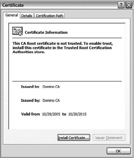 Диалоговое окно Certificate information (Информация о сертификате)