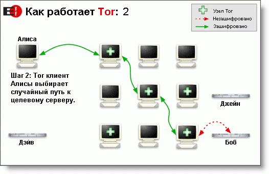 Передача трафика в системе Tor. Иллюстрация Tor Project, Inc.