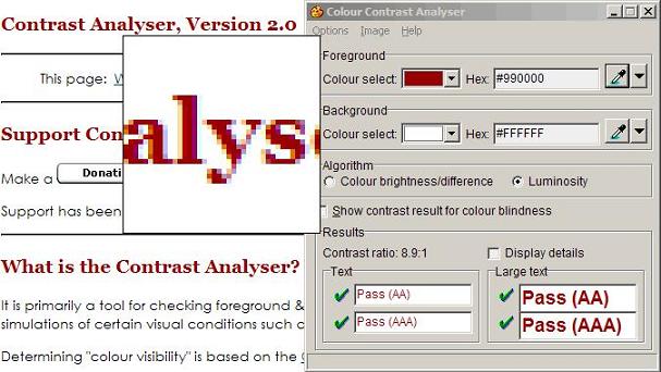 Снимок с экрана Colour Contrast Analyser во время использования