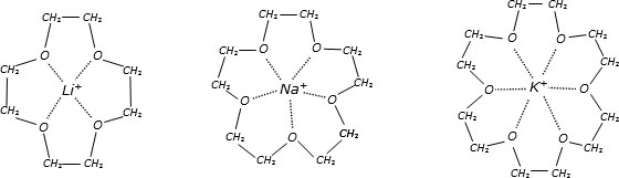 Структурные схемы некоторых комплексов "краун-эфир – щелочной металл"; пунктирными линиями показаны координационные связи