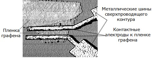Переход Джозефсона через пленку графена. Микрофотография в растровом электронном микроскопе (расстояние между электродами 300 нм)