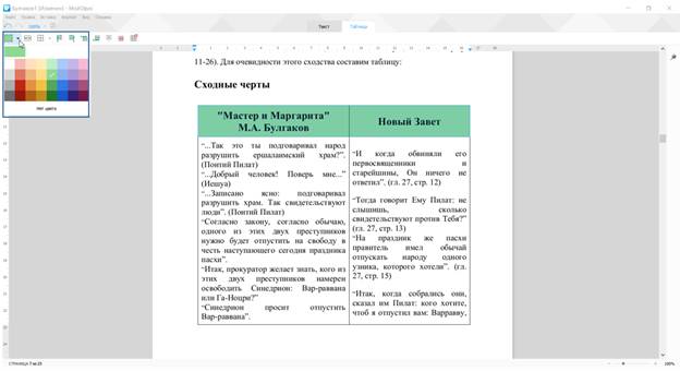 Выбор цвета заливки ячейки