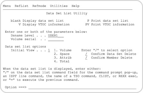 Панель утилиты работы со списком наборов данных DSLIST