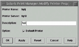 Окно "изменить свойства принтера" в Solaris Print Manager