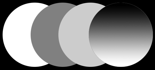 Маски образуют выделения разной плотности: крайний левый овал выделен полностью, крайний правый выделен с помощью градиентной маски