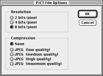 Сохранение PICT-файлов (Если вы выбираете вариант None, Photoshop все равно использует RLE-уплотнение. Если вы выбираете любой другой вариант, изображение сжимается по методу JPEG)