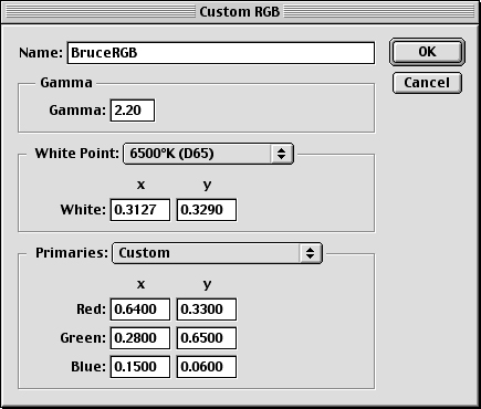 Custom RGB (В этом диалоговом окне можно определять настраиваемые рабочие пространства, указывая значения гаммы, белой точки и первичных цветов)