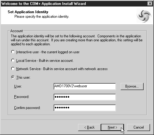 Окно Set Application Identity (Установка принадлежности приложения) мастера установки приложения COM+