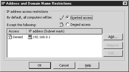 Диалоговое окно IP Address And Domain Name Restrictions (Ограничения по IP-адресу и доменному имени)