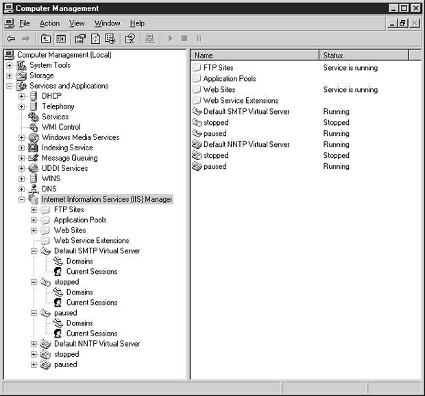 Консоль MMC Computer Management (Управление компьютером) отображает подробную информацию об узле IIS и виртуальных серверах SMTP