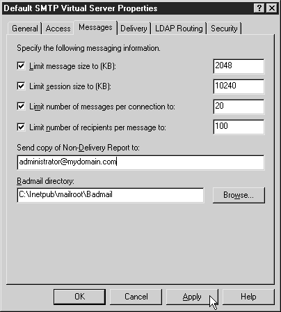 Вкладка Messages (Сообщения) окна свойств виртуального сервера SMTP