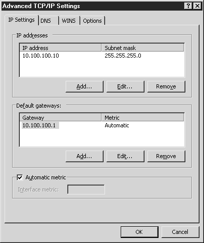 Вкладка IP Settings (Настройка IP) окна Advanced TCP/IP Settings (Дополнительные параметры TCP/IP)