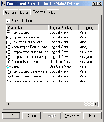 Диалоговое окно спецификации свойств компонента MainATM.exe, открытое на вкладке Realizes (Реализует)