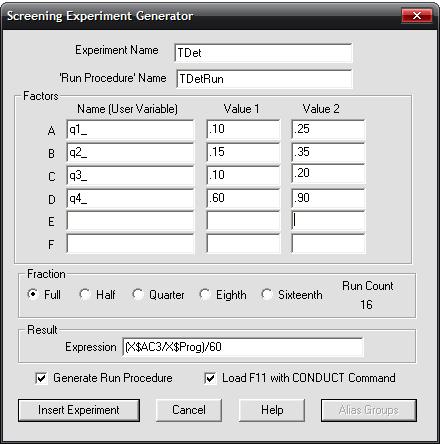 Диалоговое окно (заполненное) Screening Experiment Generator (Генератор отсеивающего эксперимента)