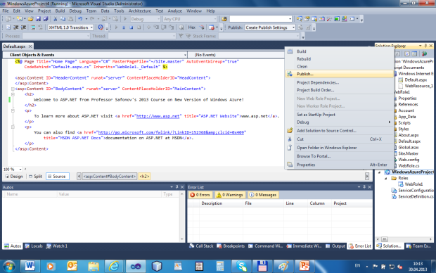 Подготовка к публикации сервиса в облаке средствами Visual Studio