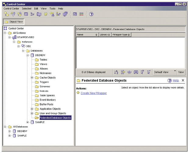 Папка Federated Database Objects в DB2 Control Center