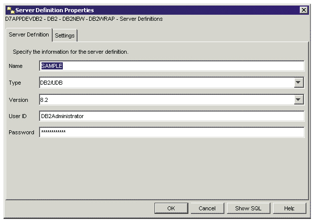 Окно Server Definition Properties