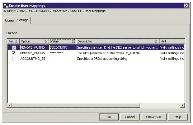 Окно Create User Mappings: закладка Settings