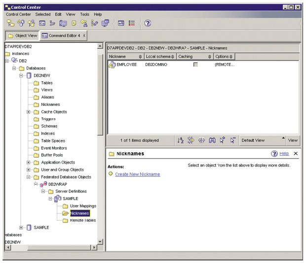 Окно DB2 Control Center: Create New Nickname