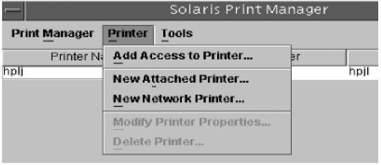 Главное меню Solaris Print Manager