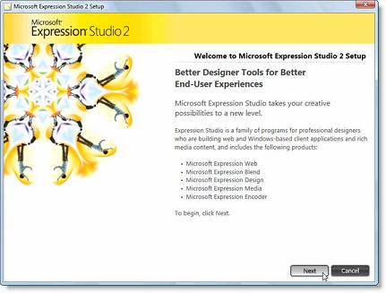  Первый шаг мастера установки Microsoft Expression Studio 