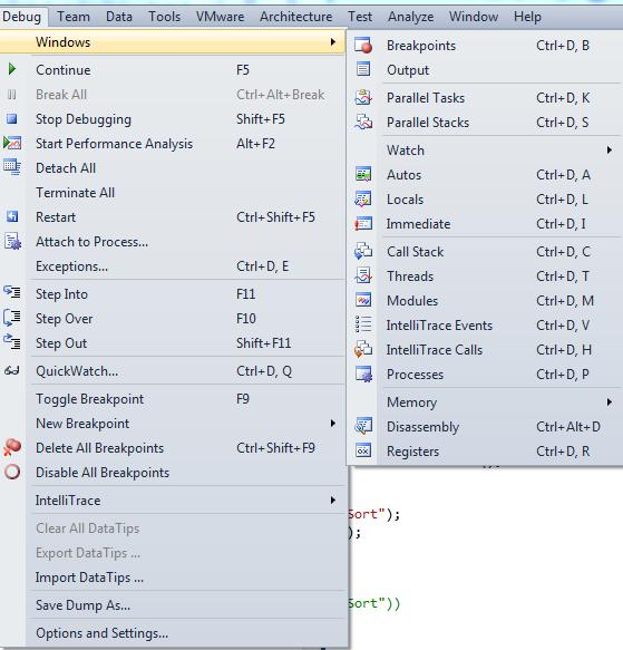  Меню Debug в Visual Studio 2010 в режиме отладки 