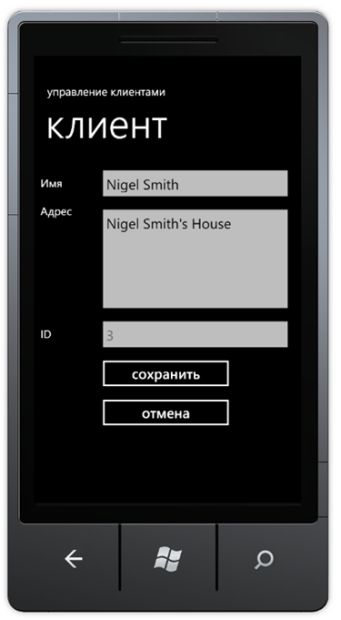 Экран приложения для редактирования информации о выбранном клиенте