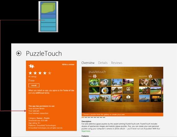 Типичная страница приложения в Магазине Windows, на которой содержимое манифеста определяет, что будет перечислено в разделе описания разрешений, которые требуются приложению. В данном случае, например, в манифесте приложения PuzzleTouch объявлены возможности доступа к библиотеке изображений (Pictures Library), вебкамере (Webcam) и к Интернету в качестве клиента (Internet (Client)).