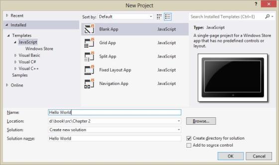 Диалоговое окно Создать проект, использующее светлую тему пользовательского интерфейса. (Смотрите команду меню Сервис > Параметры (Tools > Options) и измените тему в разделе Среда>Общие (Environment>General)). Я использую здесь светлую тему, так как она лучше смотрится на белом фоне страниц