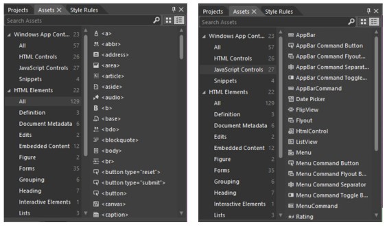 HTML-элементы (слева) и элементы управления WinJS (справа), на закладке Активы (Assets) в Blend