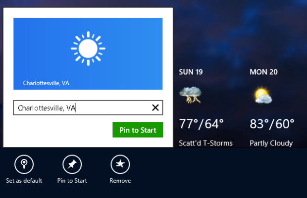Закрепление дополнительной плитки приложения Weather (Погода) с использованием команды Закрепить на начальном экране (Pin to start), показанное здесь с автоматическим запросом на подтверждение операции
