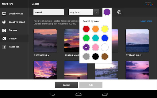 Элементы управления цветом в Android-приложении Adobe Photoshop представляют собой группу радиокнопок со значками