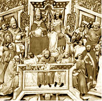 На миниатюре XVI в. изображено равенство папы и императора, представляющих соответственно духовную и светскую власть