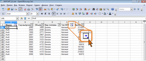 Таблица с отобранными данными с использованием фильтра